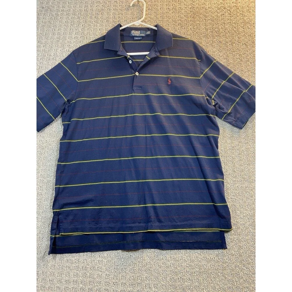 Polo Ralph Lauren Polo Shirt Mens Large Golf Fit Shirt Blue Striped Jersey Vtg